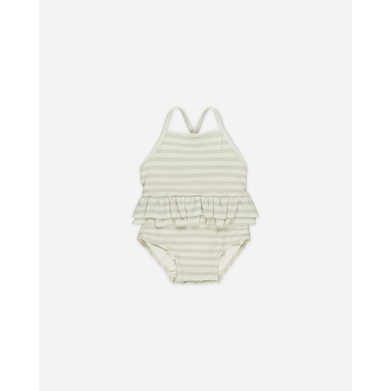 -Ruffled One-Piece Swimsuit || Mint Stripe-