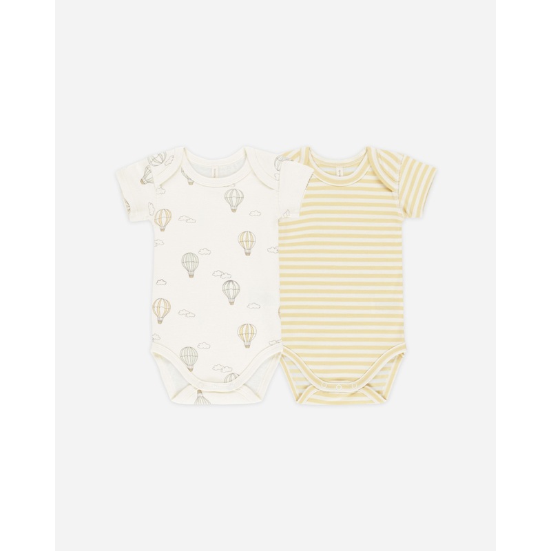 -Short Sleeve Bodysuit, 2 Pack || Hot Air Balloons, Yellow Stripe-