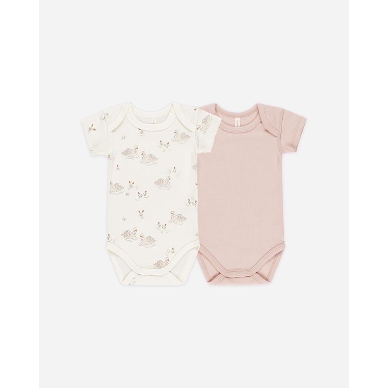 -Short Sleeve Bodysuit, 2 Pack || Swans, Bubblegum-