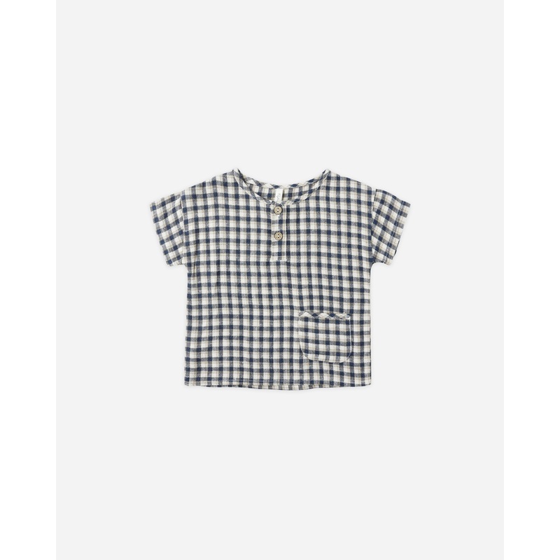 Woven Henley Tee || Navy Check