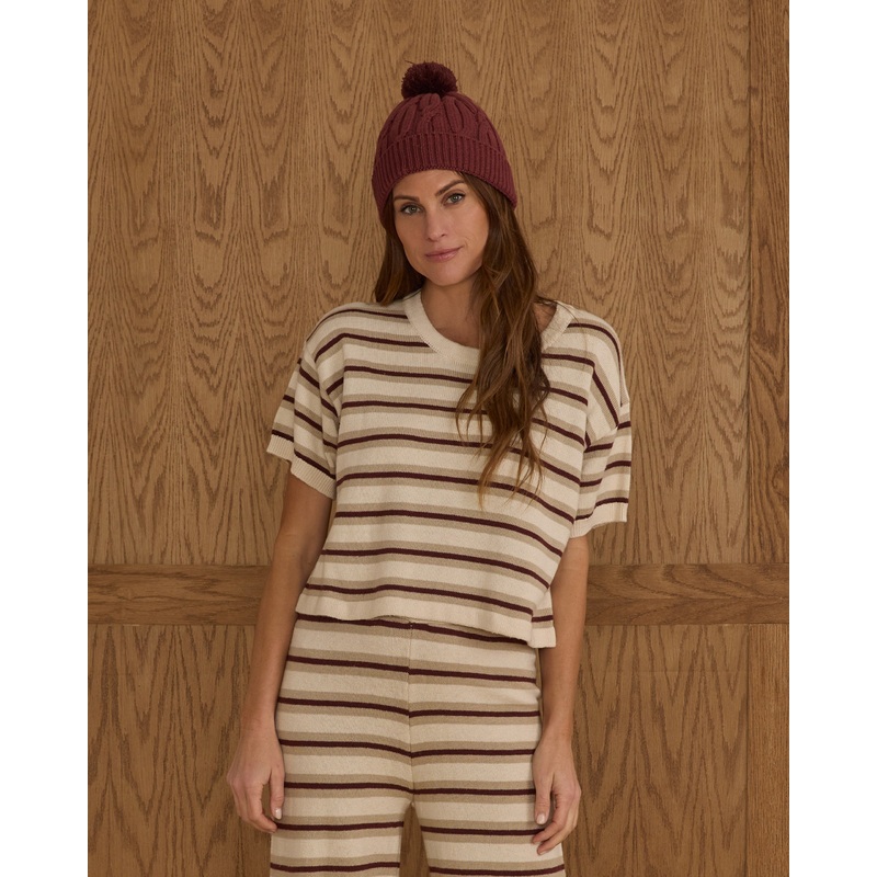Boxy Crop Knit Tee | Burgundy Stripe Teen
