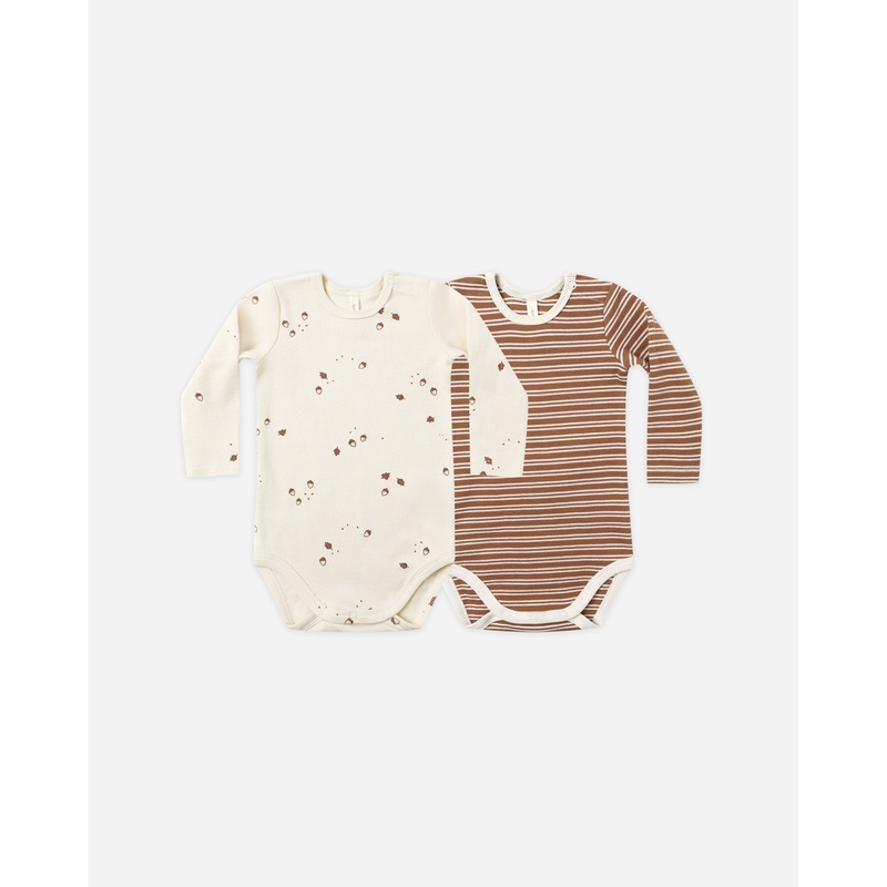 Ribbed Bodysuit, 2 Pack || Cedar Micro Stripe, Acorns