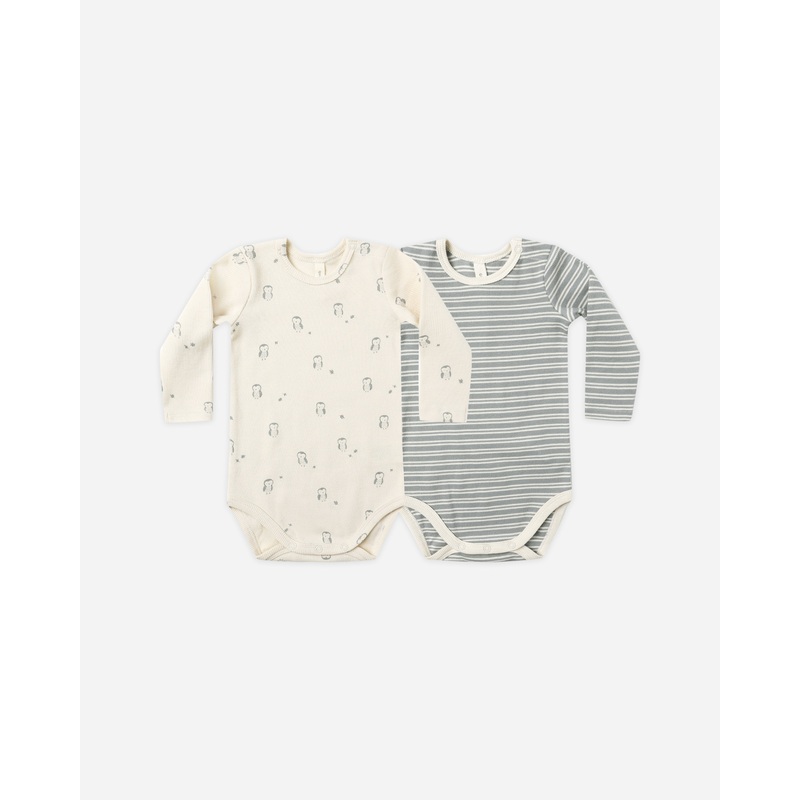 Ribbed Bodysuit, 2 Pack || Steel Blue Micro Stripe, Owls