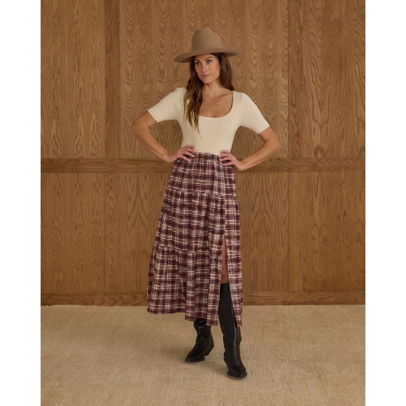 Tiered Midi Skirt | Burgundy Plaid