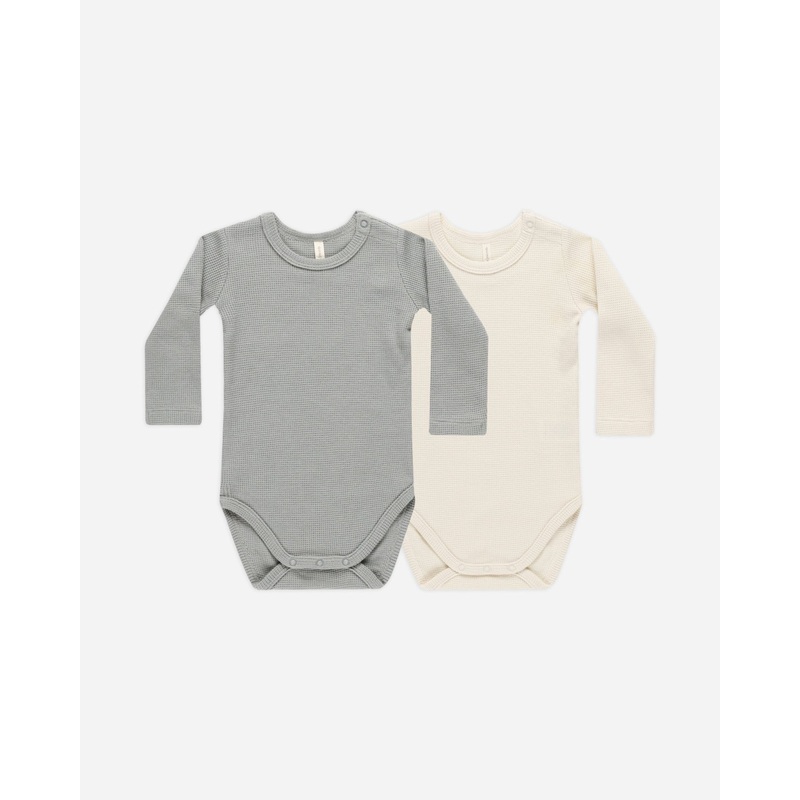 Waffle Bodysuit, 2 Pack || Natural, Dusty Blue