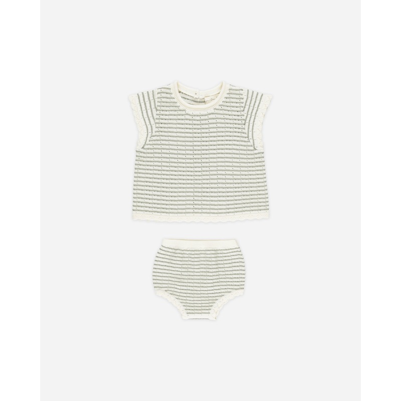 Scallop Knit Baby Set || Sage Stripe