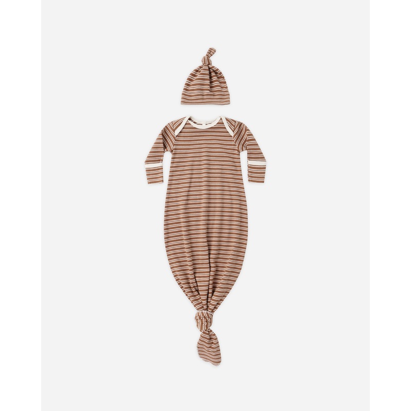 Knotted Baby Gown + Hat Set || Cedar Micro Stripe