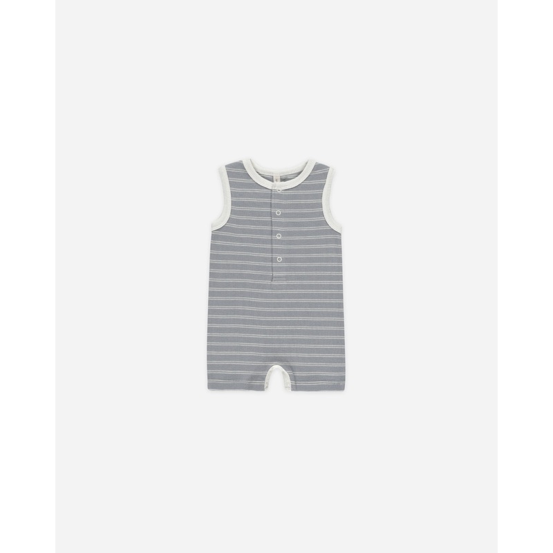-Ribbed Henley Romper || Blue Pinstripe-