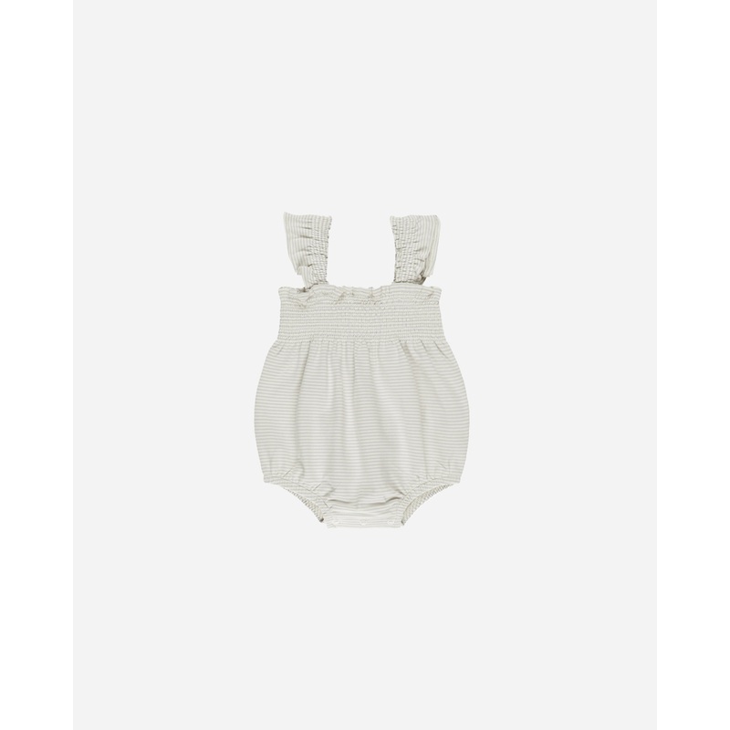 -Smocked Ruffle Sleeve Romper || Sky Micro Stripe-