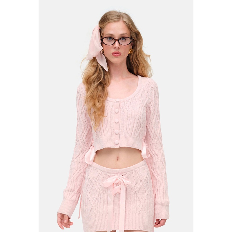 Chenille Cable Knit Cardigan Pink