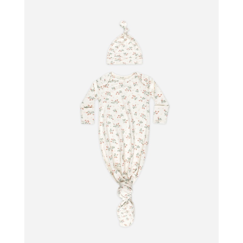 -Knotted Baby Gown + Hat Set || Strawberries-
