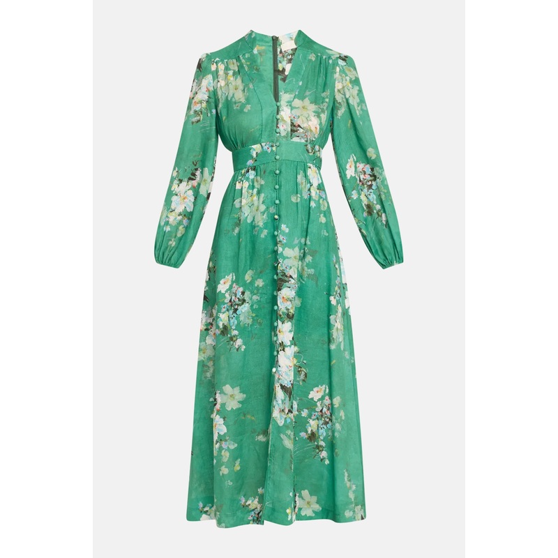 Everley Plunge Midi Dress Green Watercolour Floral