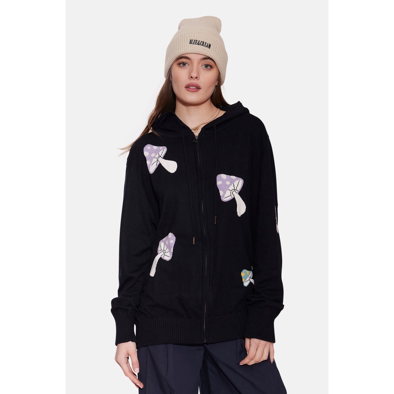 Mushroom Intarsia Zip Hoodie Black/Multi