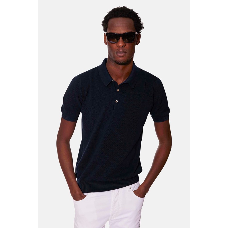 Short Sleeve Textured Polo Navy
