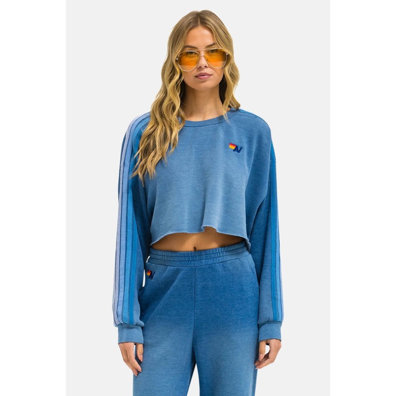 Classic Stripe Cropped Crew Sweatshirt Relaxed Faded Water
