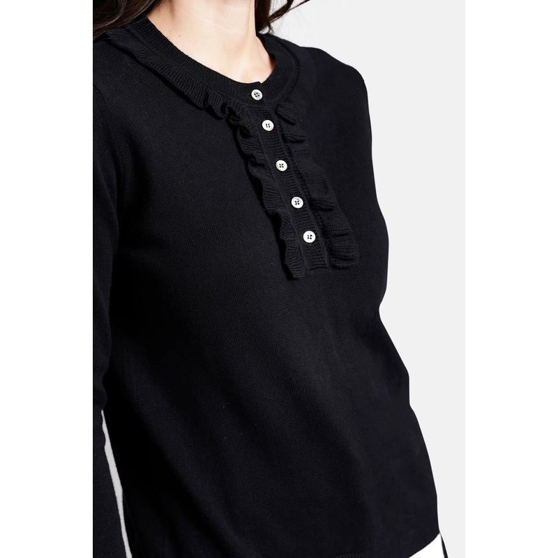 Cotton Cashmere Henley with Ruffles Black