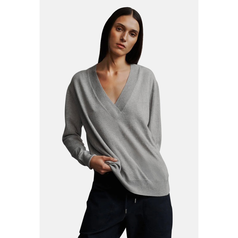 Deep V Cashmere Sweater in Light Heather Grey