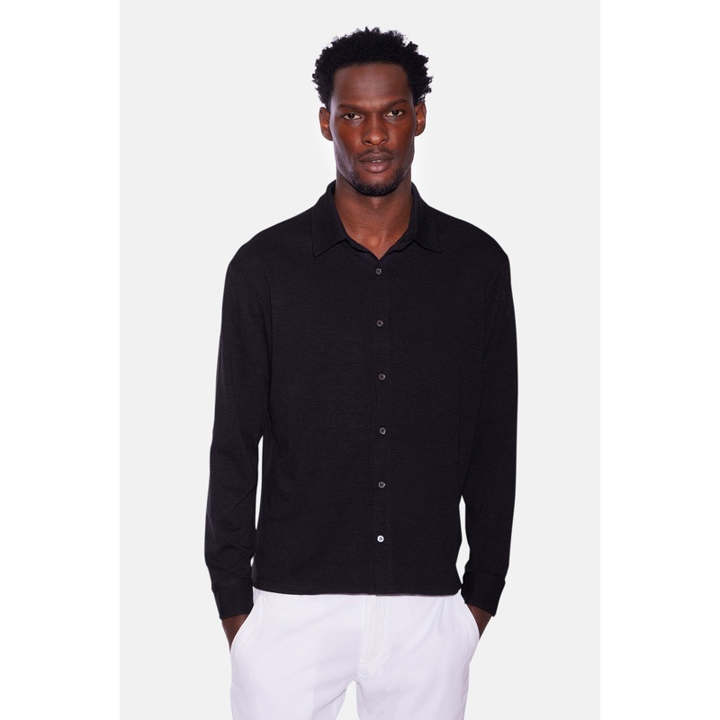 Slub Long Sleeve Button Up Black