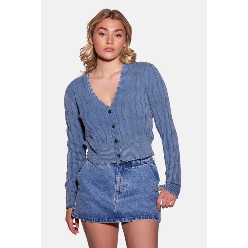 Stone Wash Distressed Cable Cropped Cardigan Fresco Blue