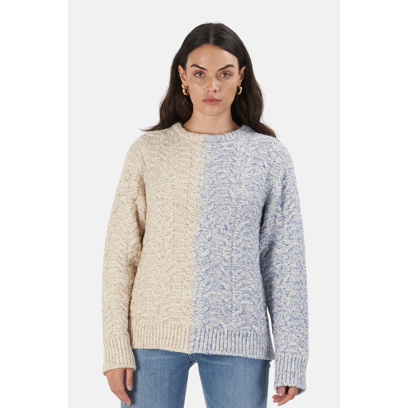 Two Tone Swollen Tweed Cashmere Sweater Cream/Blue