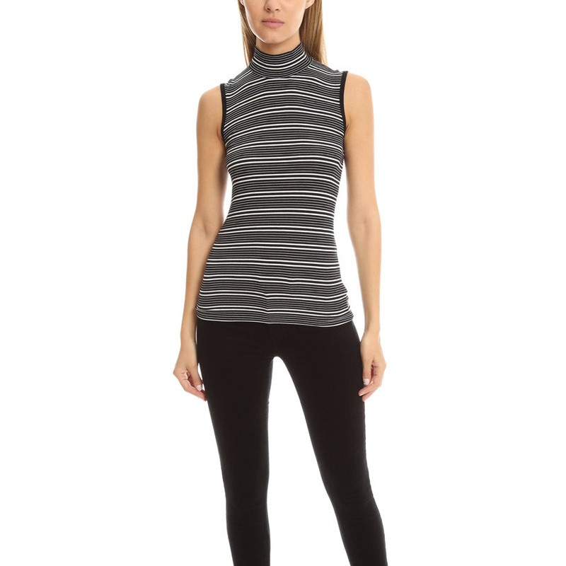 Black, White ATM Striped Sleeveless Mock Neck Tank
