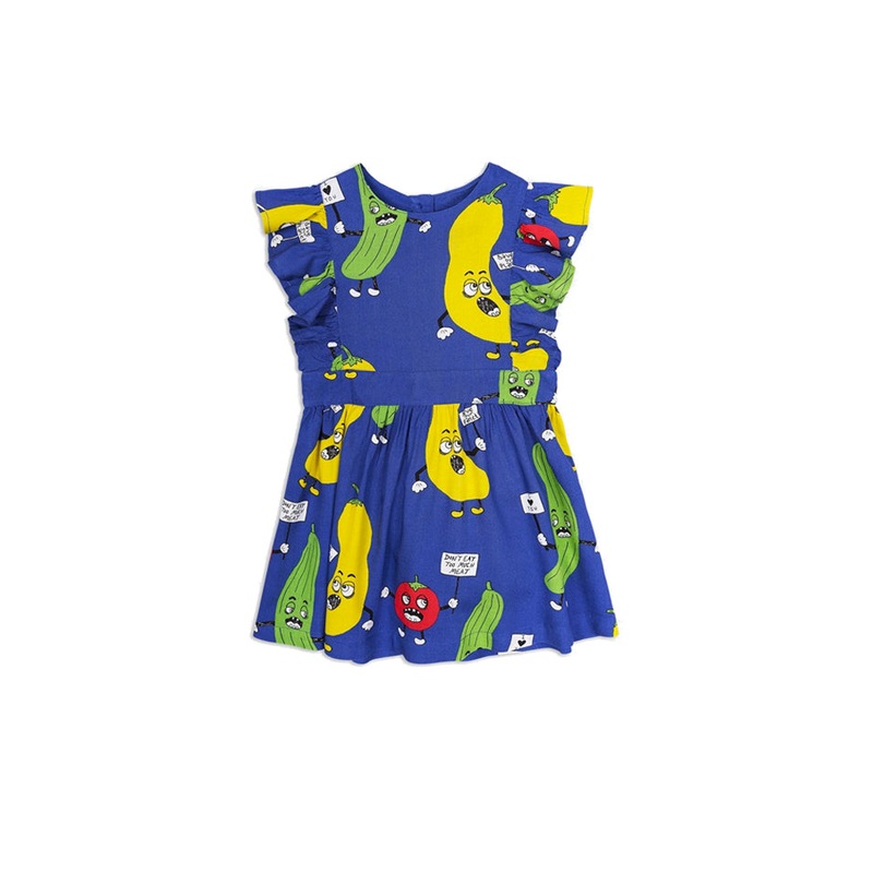 Blue Mini Rodini Veggie Woven Ruffled Dress
