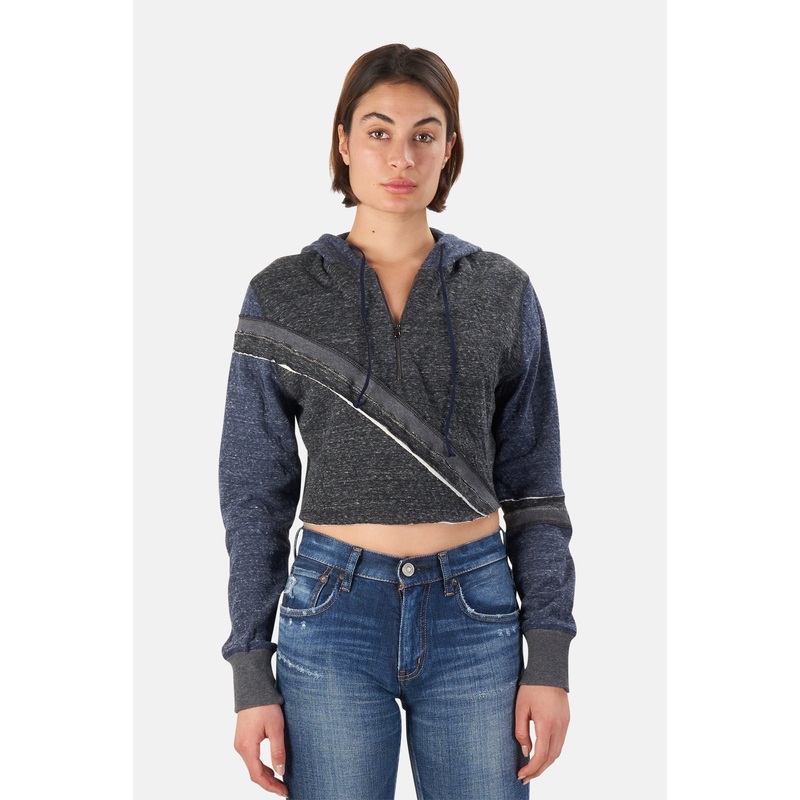 Distressed Patchwork 1/4 Zip Crop Hoodie Navy/Charcoal