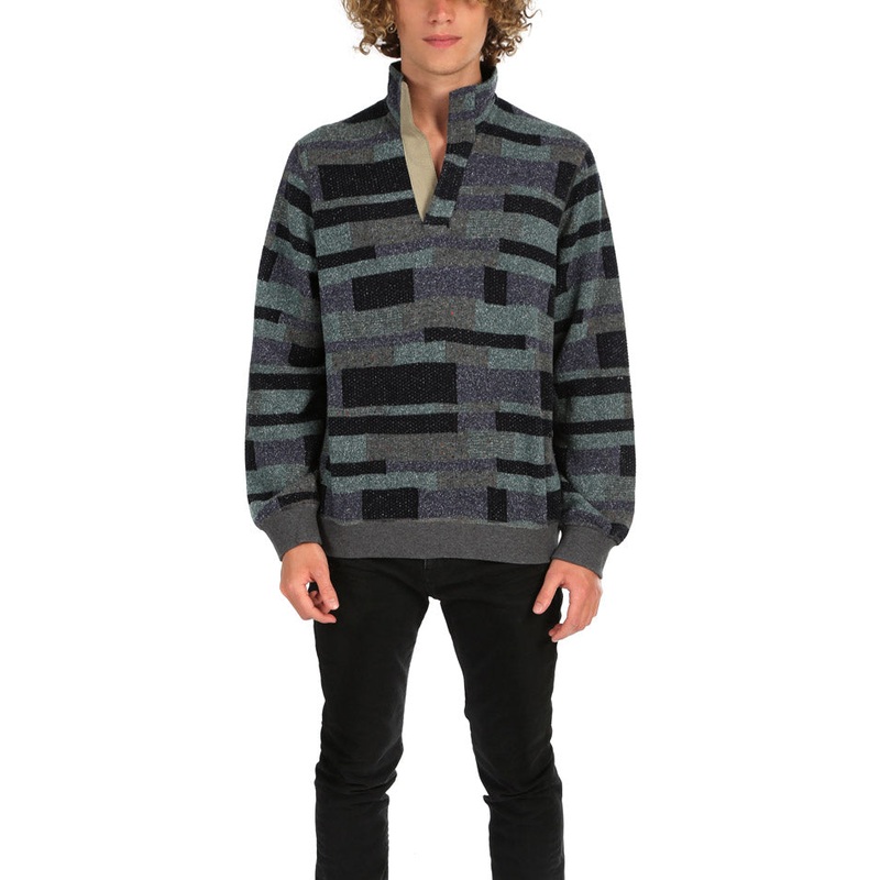 Patchwork Pop Collar Pullover Charcoal/Blue/Green