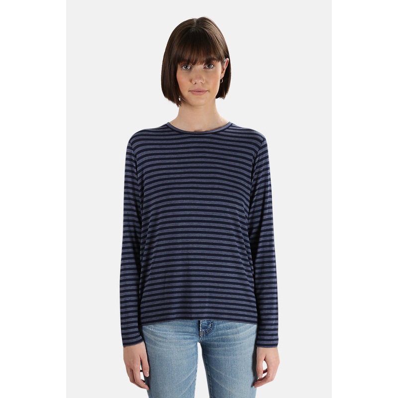 Denim Chine/Marine Majestic Filatures Soft Touch Striped Long Sleeve Crew Tee