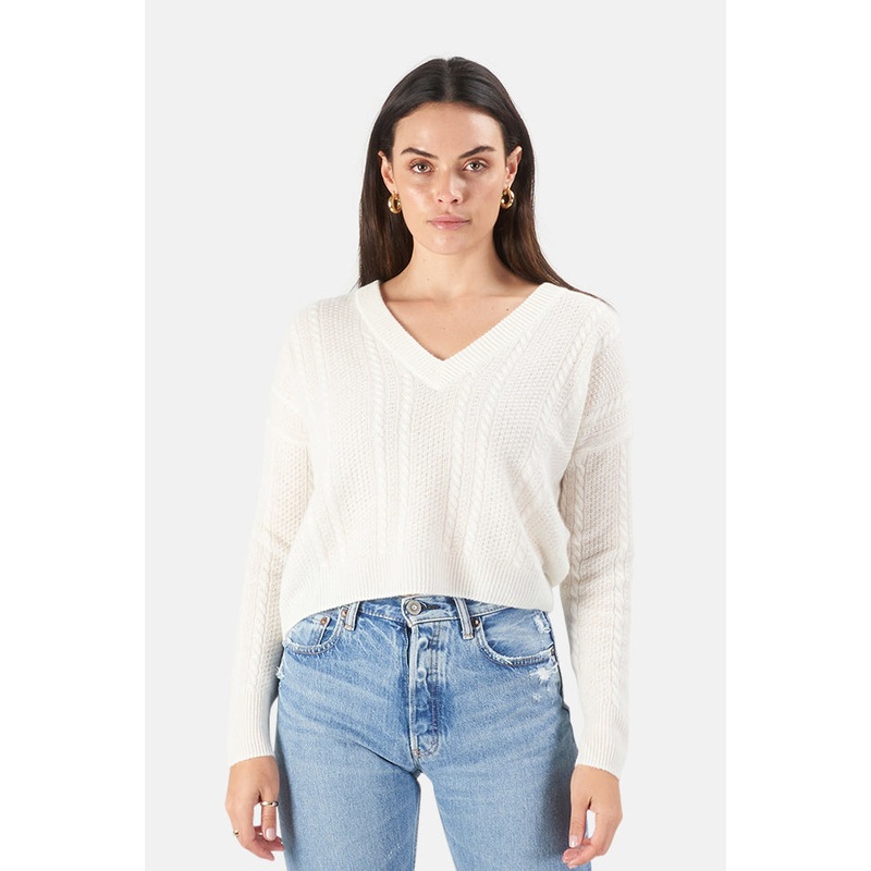 Cable Knit V-Neck Cashmere Sweater White