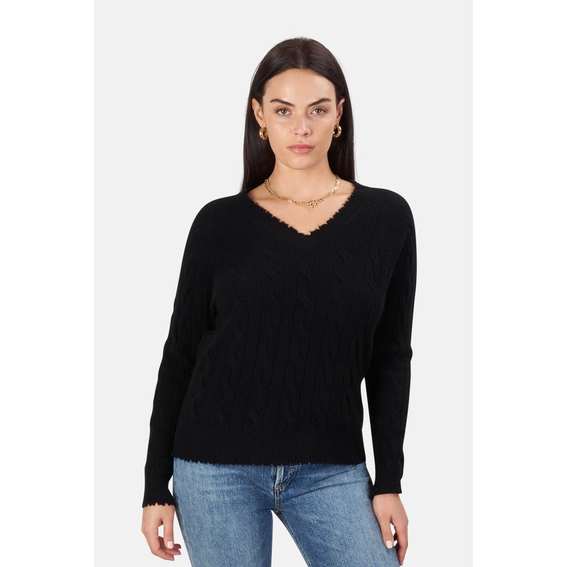 Minnie Rose Black Cable Frayed V Neck