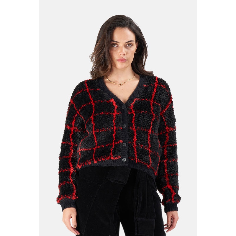Ella Cardigan Black Red Grid|XS|S|M