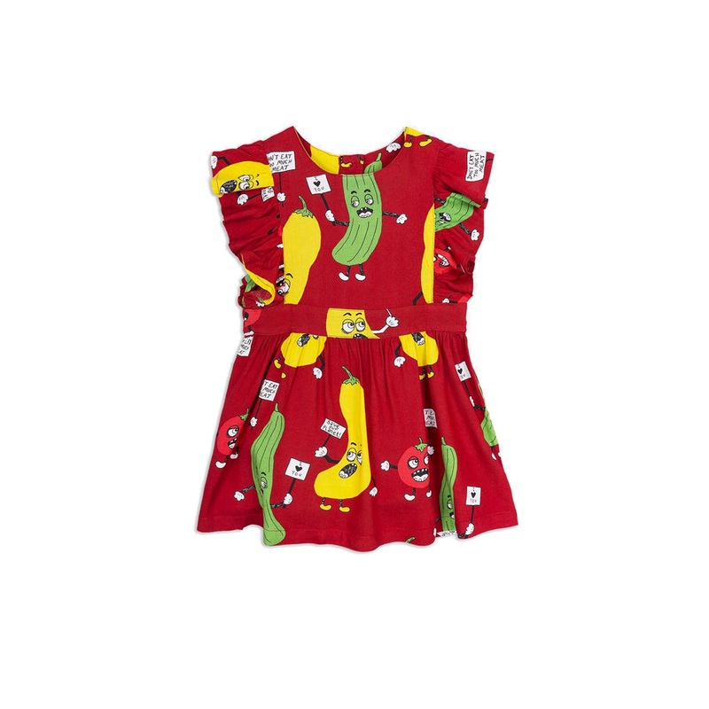 Red Mini Rodini Veggie Woven Ruffled Dress