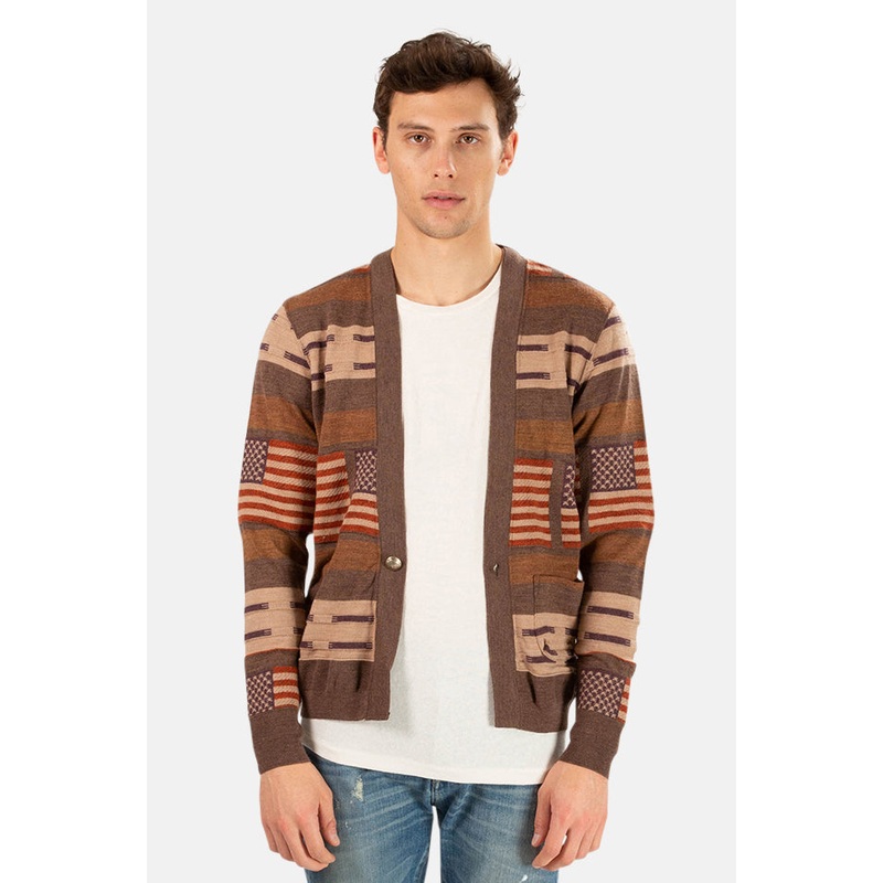 Brown Remi Relief Wool Native Boarder Cardigan