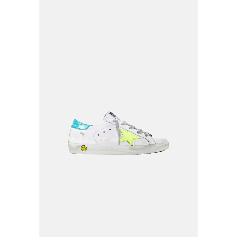 Kids Super-Star Low Top Sneaker White/Turquoise Heel/Fluorescent Star