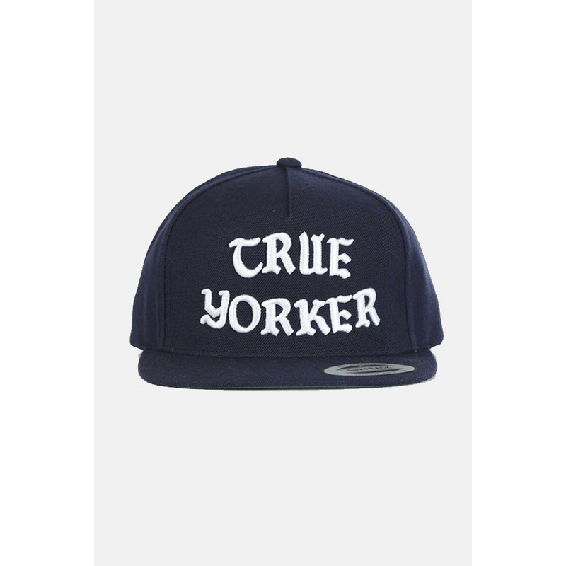True Yorker Snapback Navy/White Gothic Font