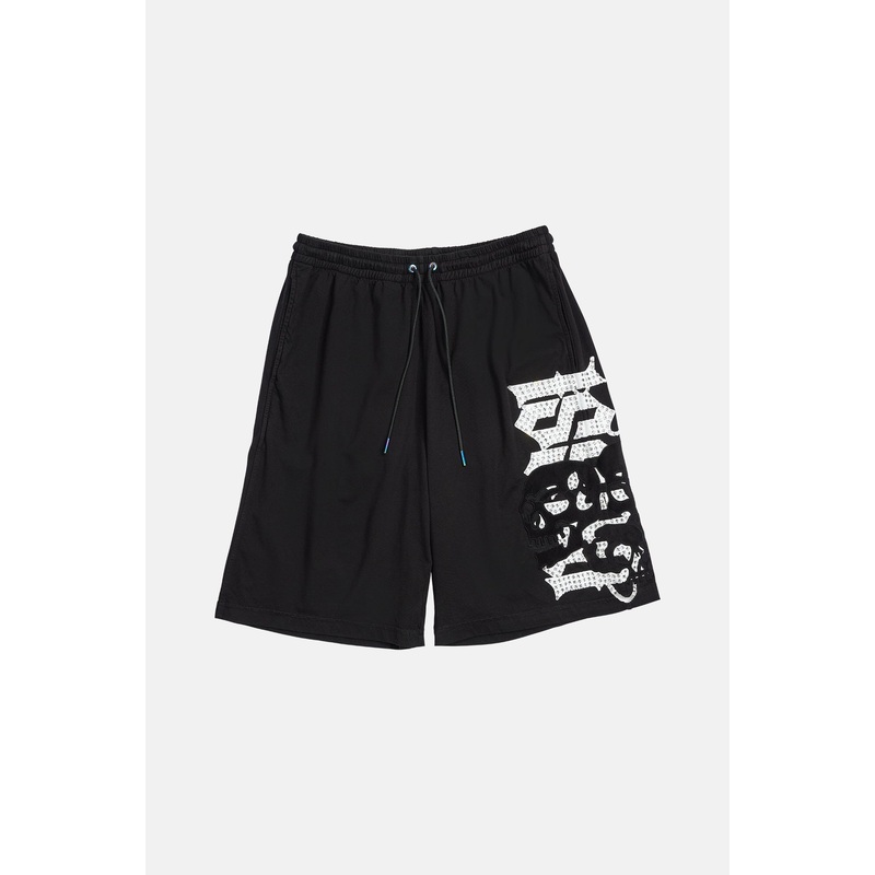 Jersey Leather Applique Rhinestone Short Black