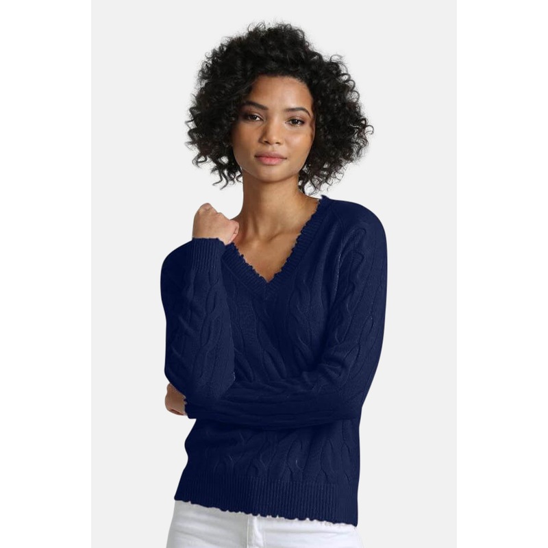 Frayed Cable LS V Neck Navy|XS|S|M