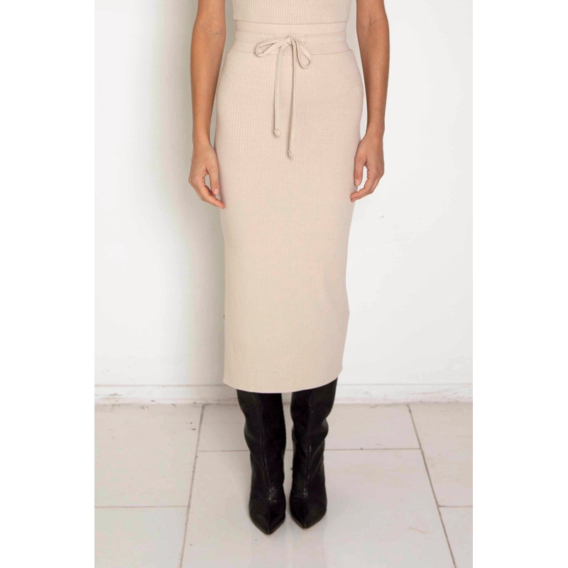 Alloy Rib Drawcord Midi Skirt Limestone
