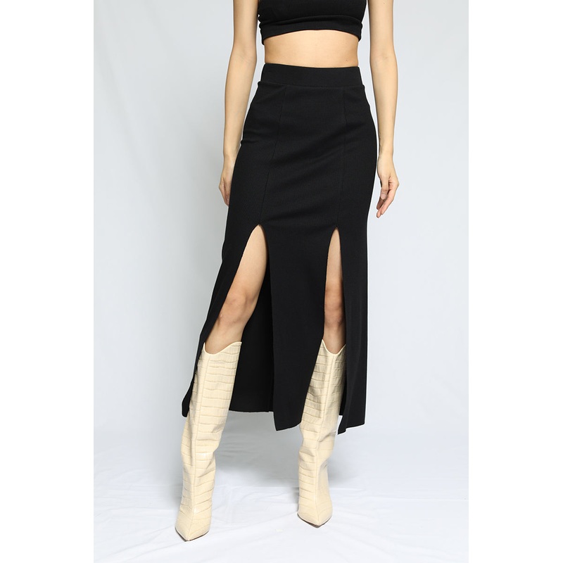 Slashed Midi Skirt Jet Black|XS|S|M