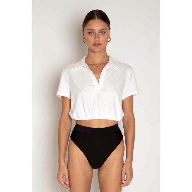 Sueded Jersey Bubble Cropped Polo White