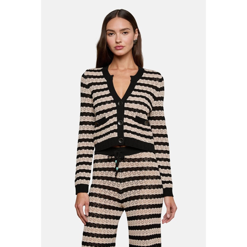 Orla Pointelle Knit Cardigan Black/Natural Stripe