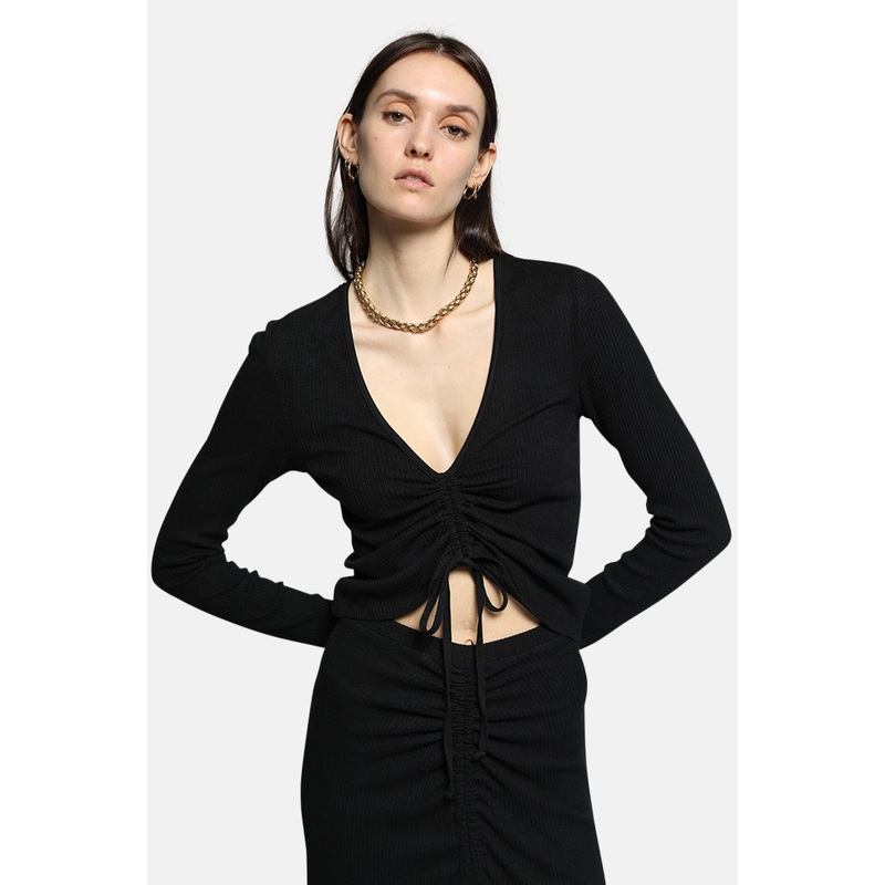 Brushed Alloy Gathered Long Sleeve Black
