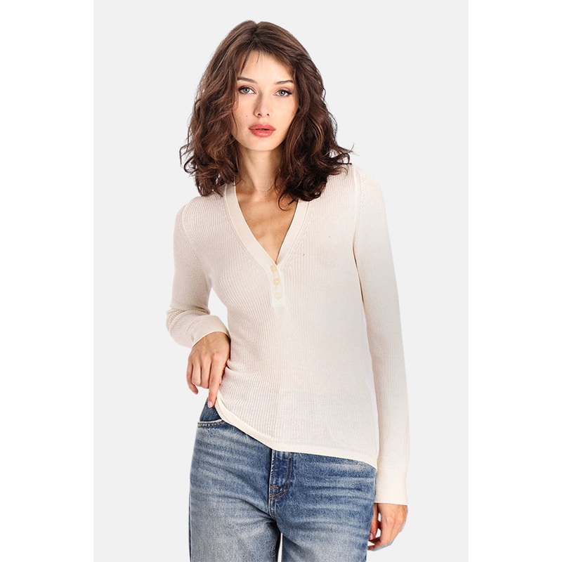 Fine Silk/Cashmere Henley V Neck White
