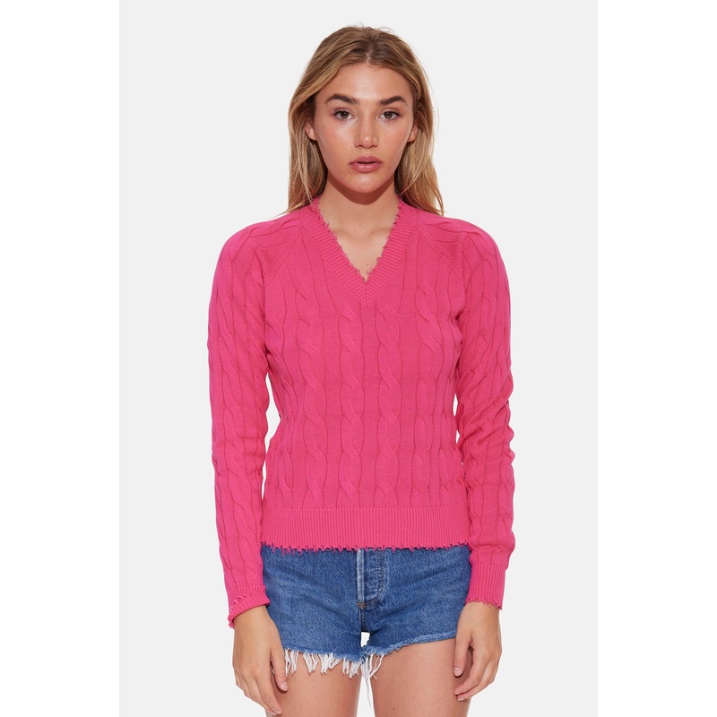 Amber Cable V Neck Sweater Beetroot Purple
