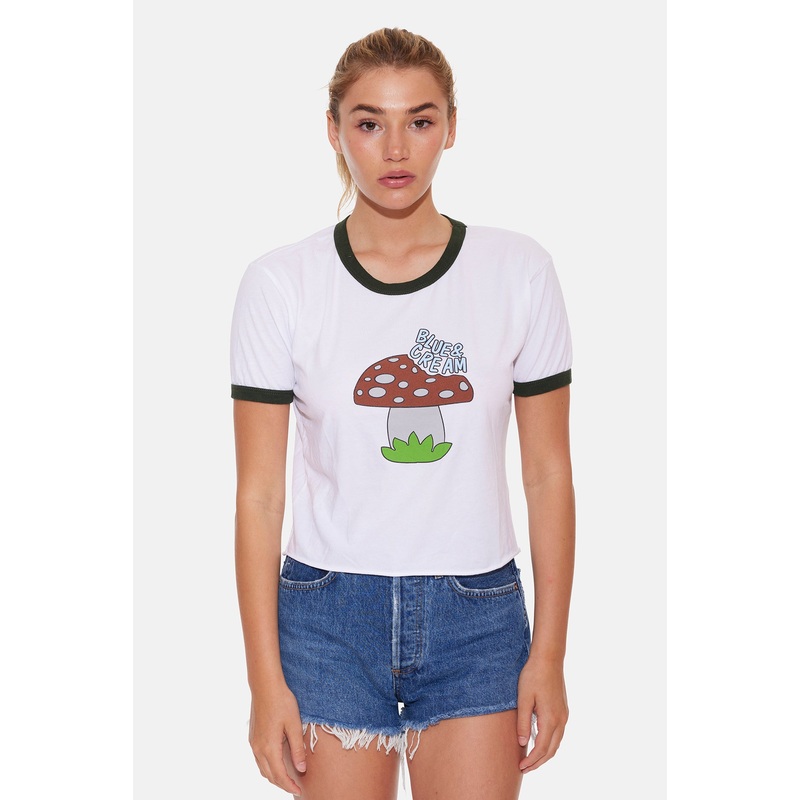 Blue&Cream Mushroom Ringer Crop Tee White/Green