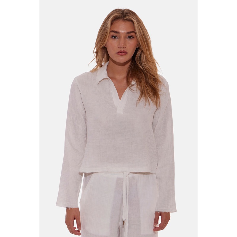 Cassie Gauze Polo Top Ivory|XS|S|M|L