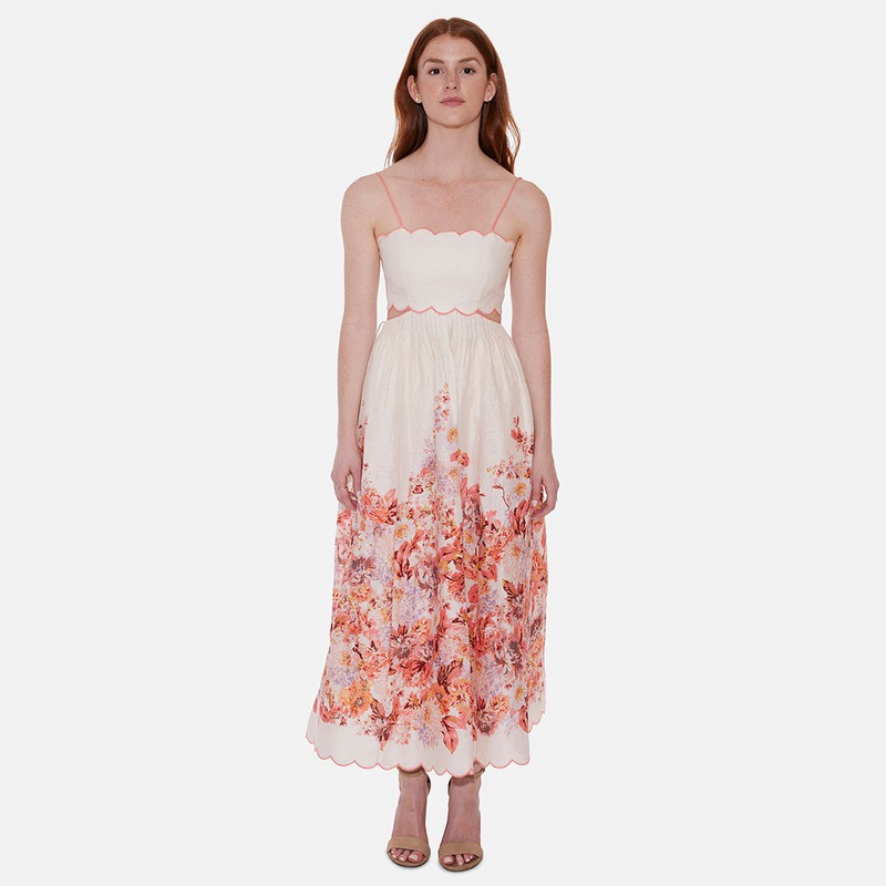 Devi Scallop Midi Dress Cream Floral