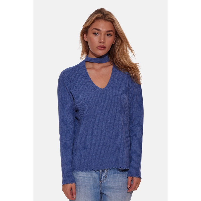 Taylor Cashmere Choker V Neck Sweater Blue Jean