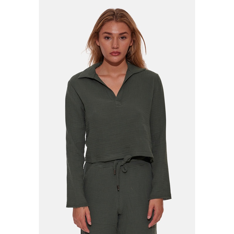 Cassie Gauze Polo Top Basil|XS|S|M|L
